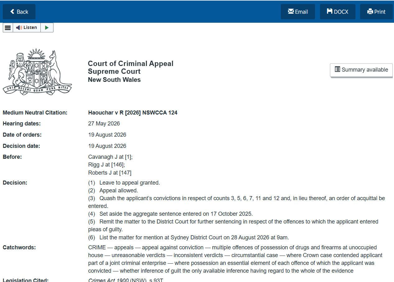 Client acquitted of all charges by the NSW Court of Criminal Appeal